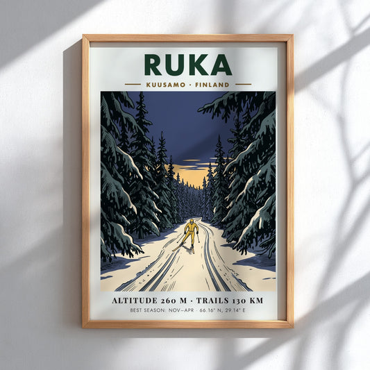 Poster featuring a lone skier on a snowy trail through Ruka Finland forest