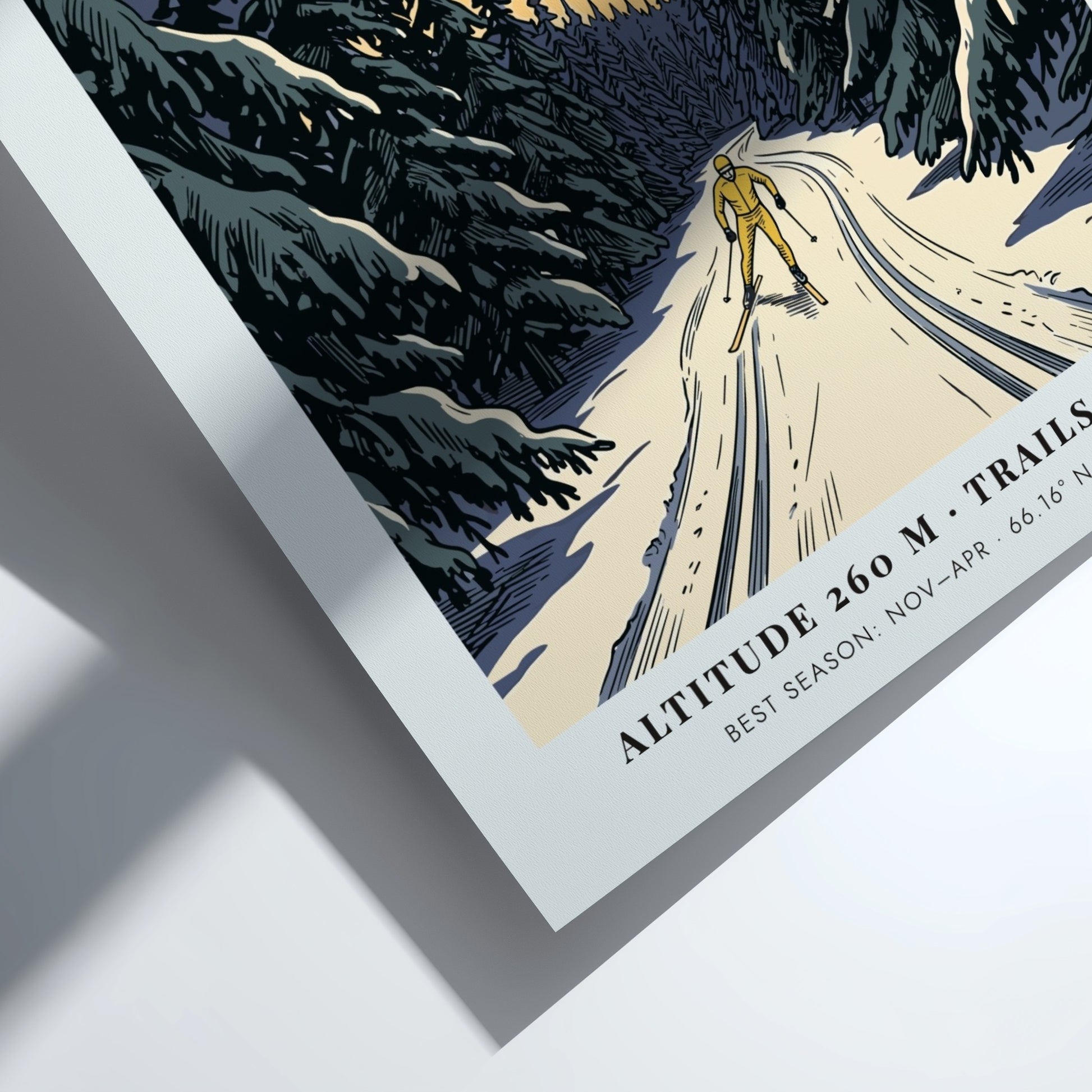 Poster featuring a lone skier on a snowy trail through Ruka Finland forest