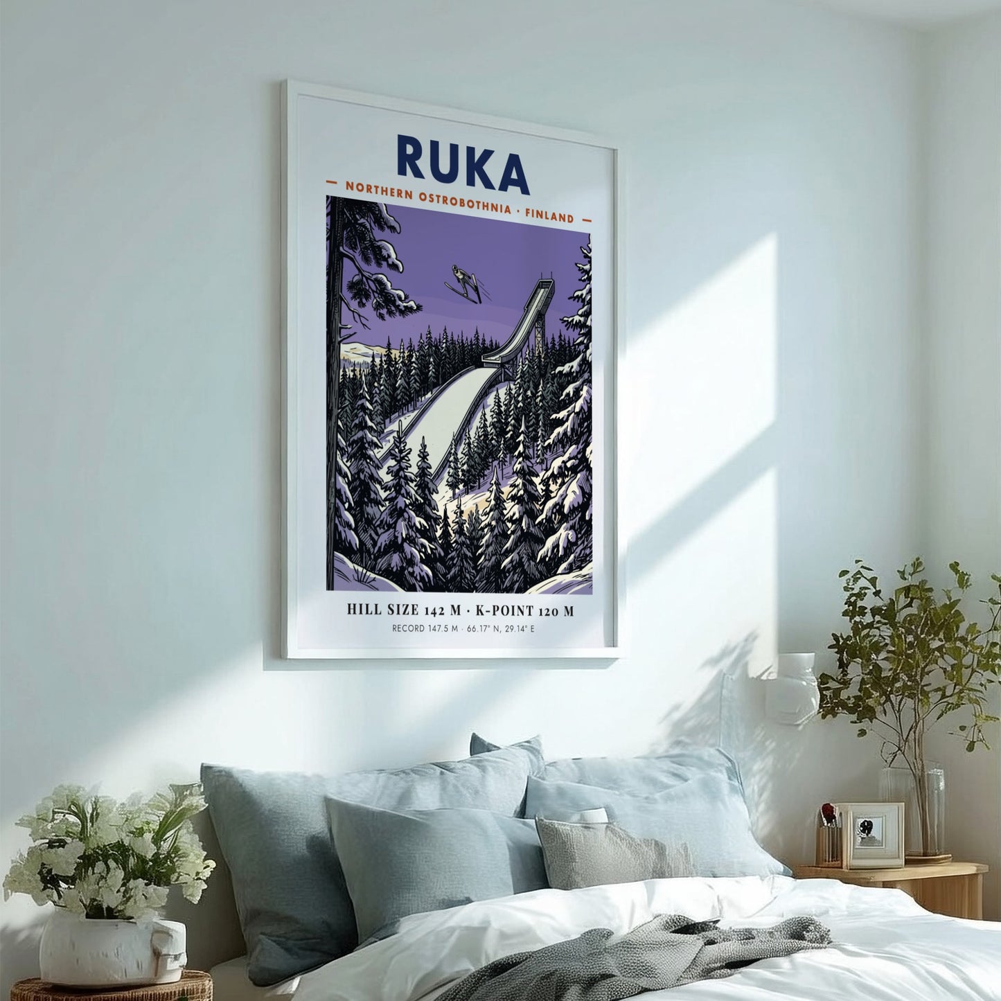 Poster featuring a ski jumper above a Ruka Finland ramp in purple hues.