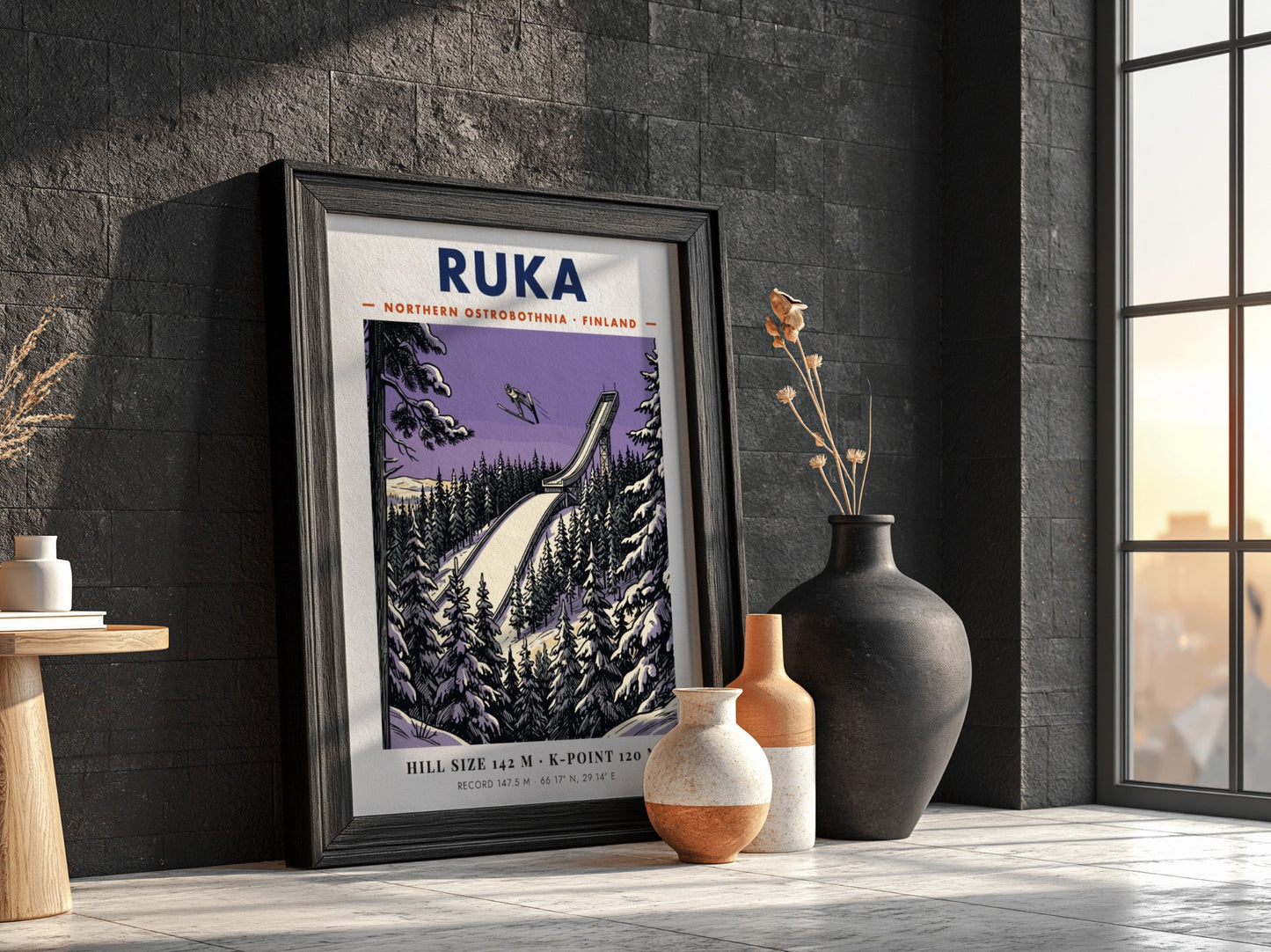 Poster featuring a ski jumper above a Ruka Finland ramp in purple hues.