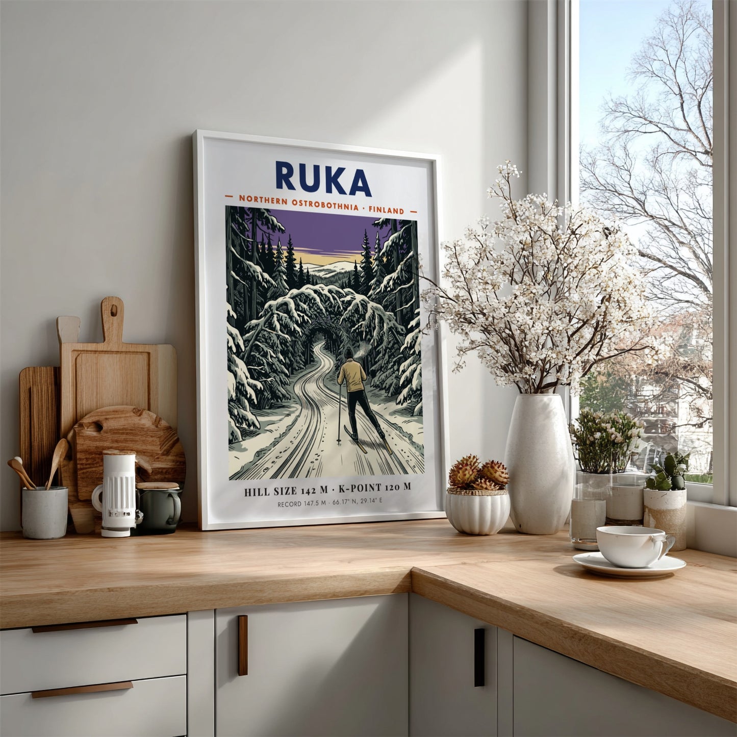 Poster of a cross-country skier in a purple and white snowy Ruka forest