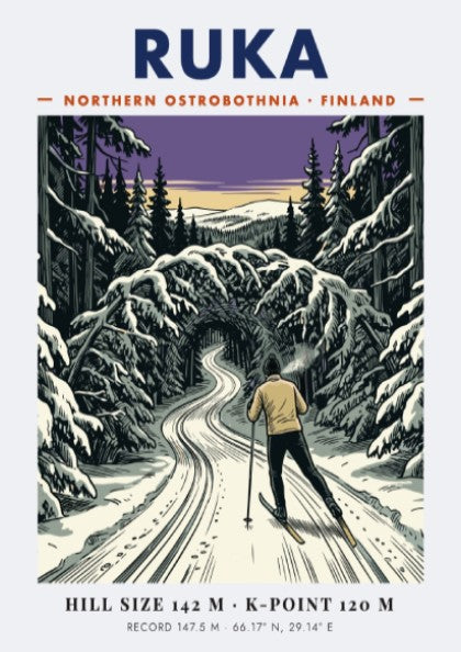 Poster of a cross-country skier in a purple and white snowy Ruka forest