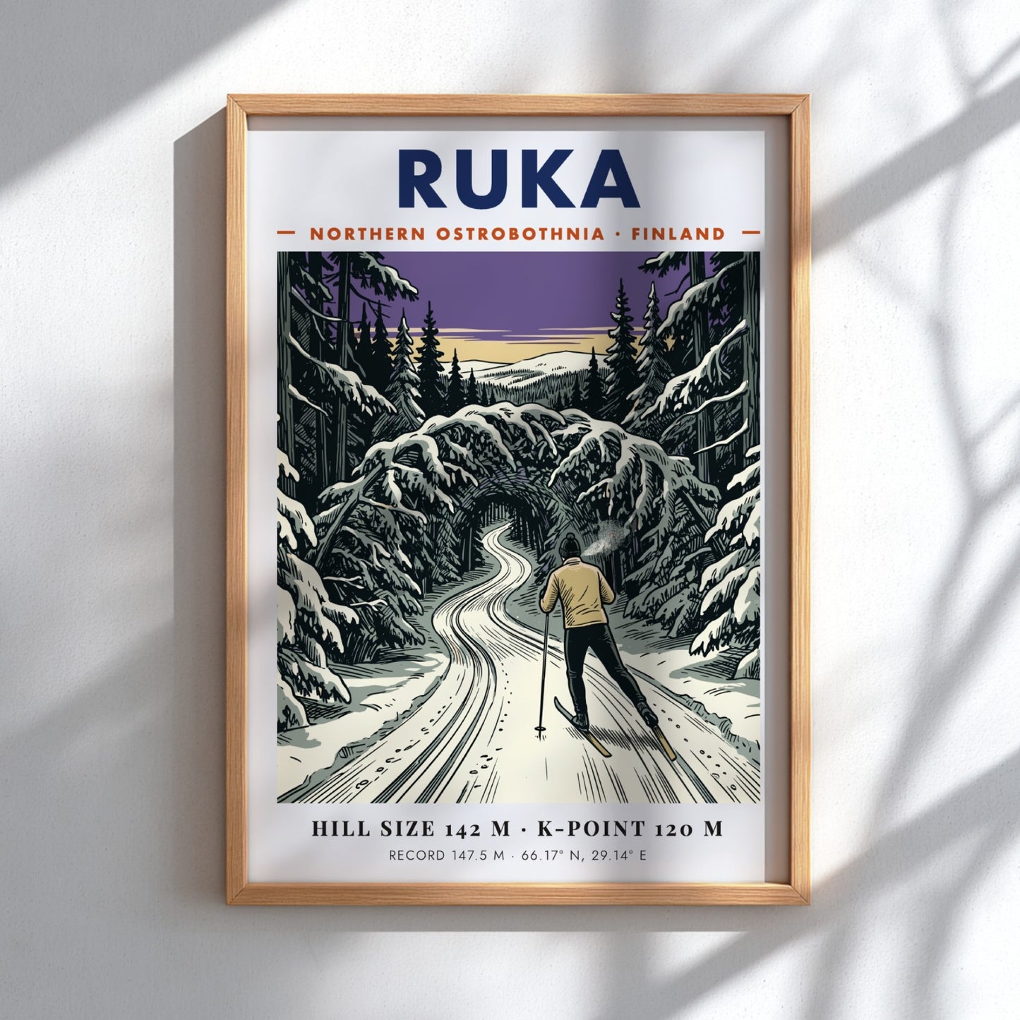 Poster of a cross-country skier in a purple and white snowy Ruka forest