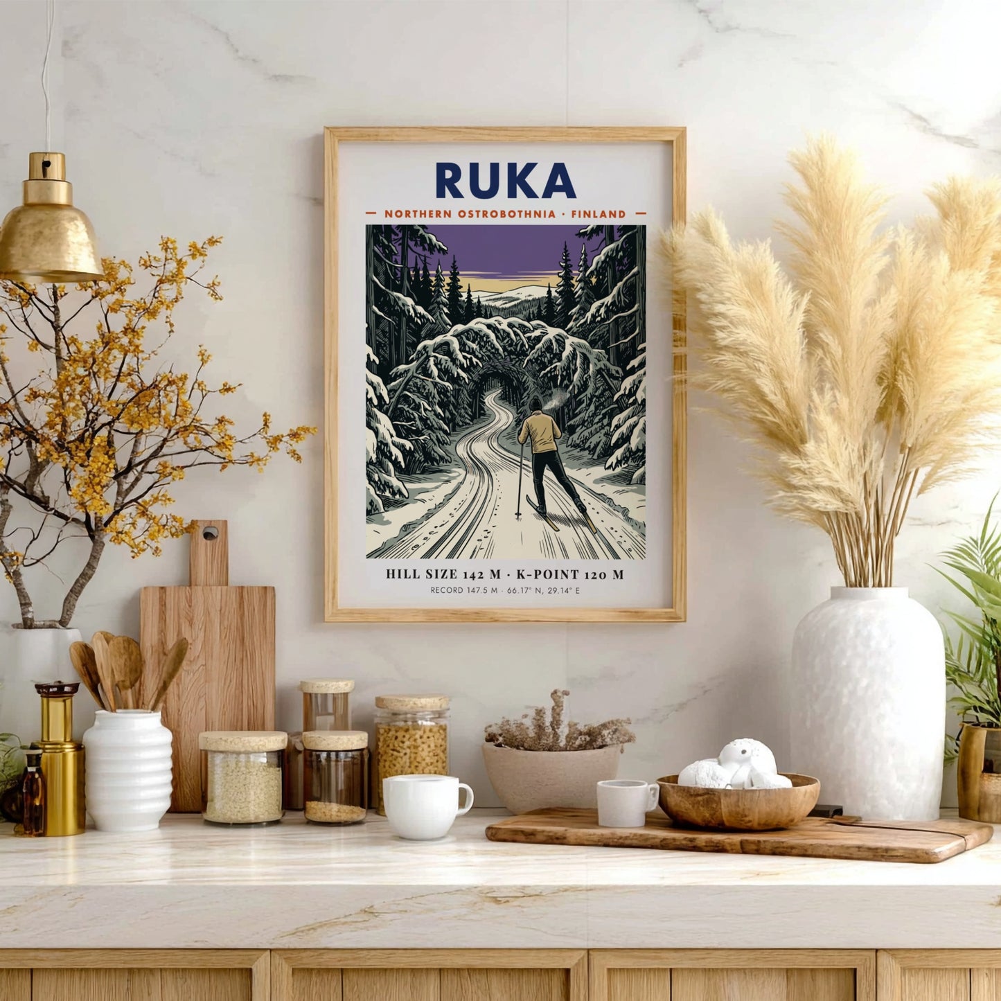 Poster of a cross-country skier in a purple and white snowy Ruka forest