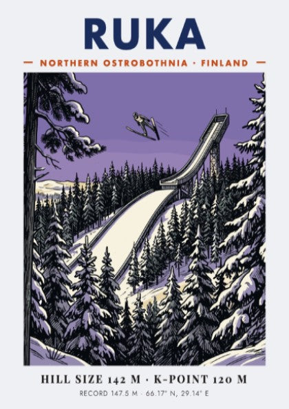 Poster featuring a ski jumper above a Ruka Finland ramp in purple hues.