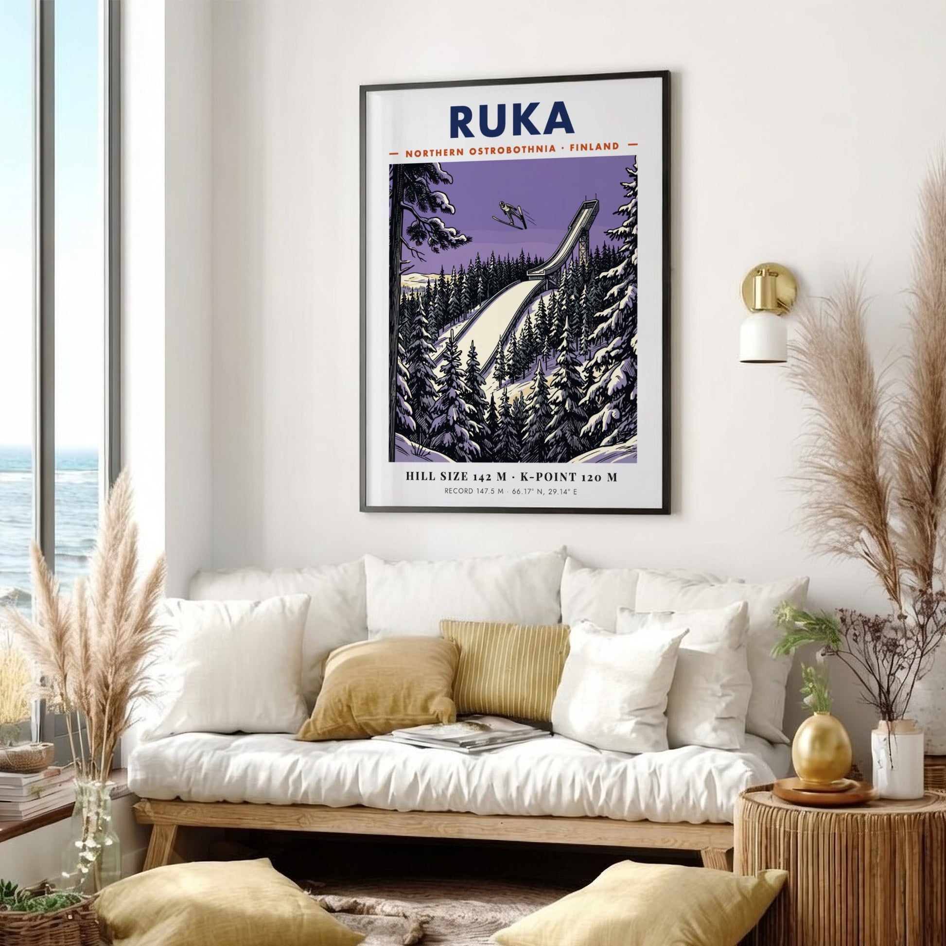 Poster featuring a ski jumper above a Ruka Finland ramp in purple hues.
