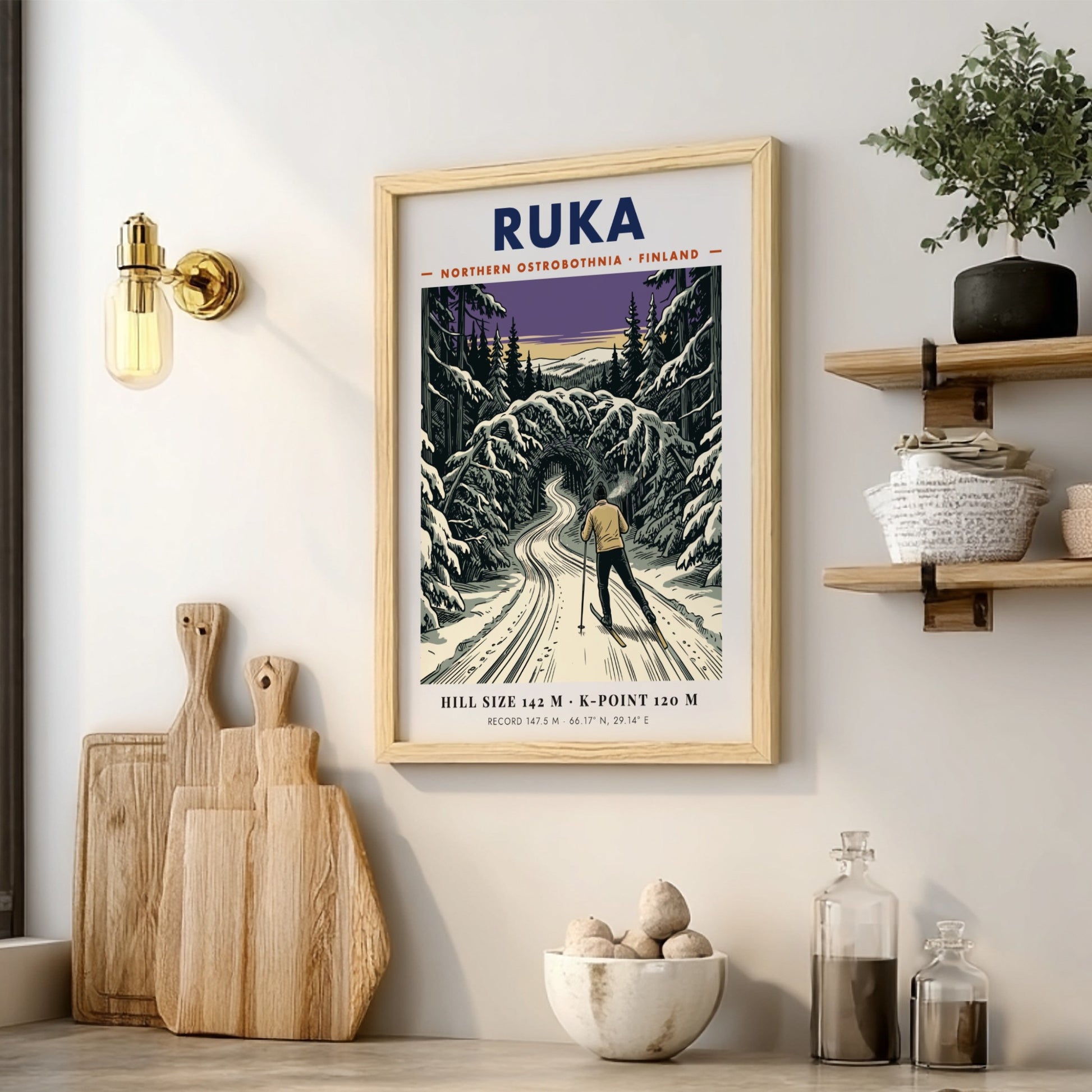 Poster of a cross-country skier in a purple and white snowy Ruka forest