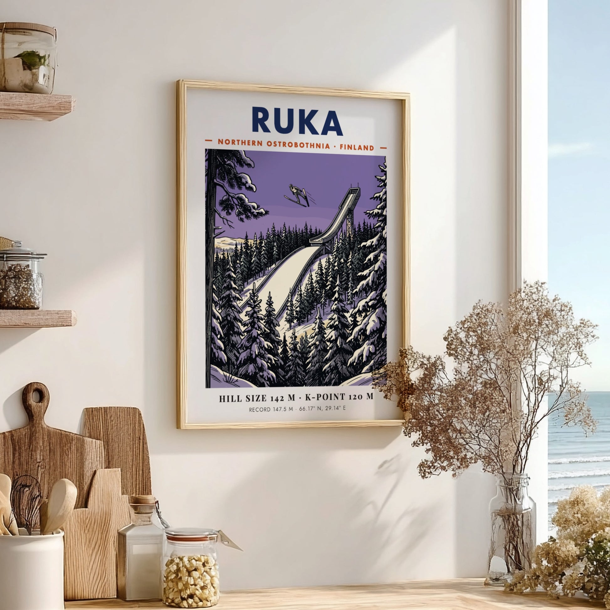 Poster featuring a ski jumper above a Ruka Finland ramp in purple hues.