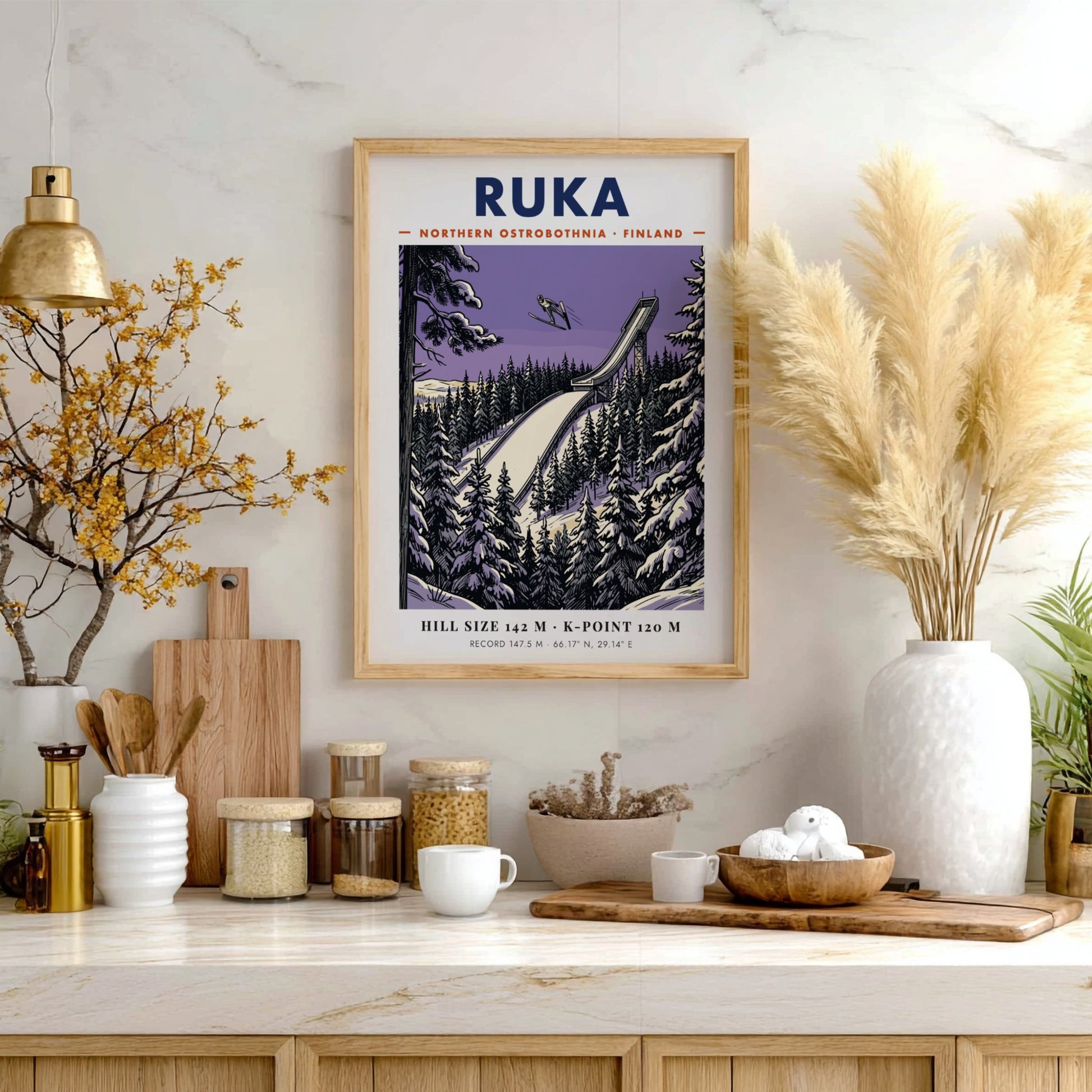 Poster featuring a ski jumper above a Ruka Finland ramp in purple hues.