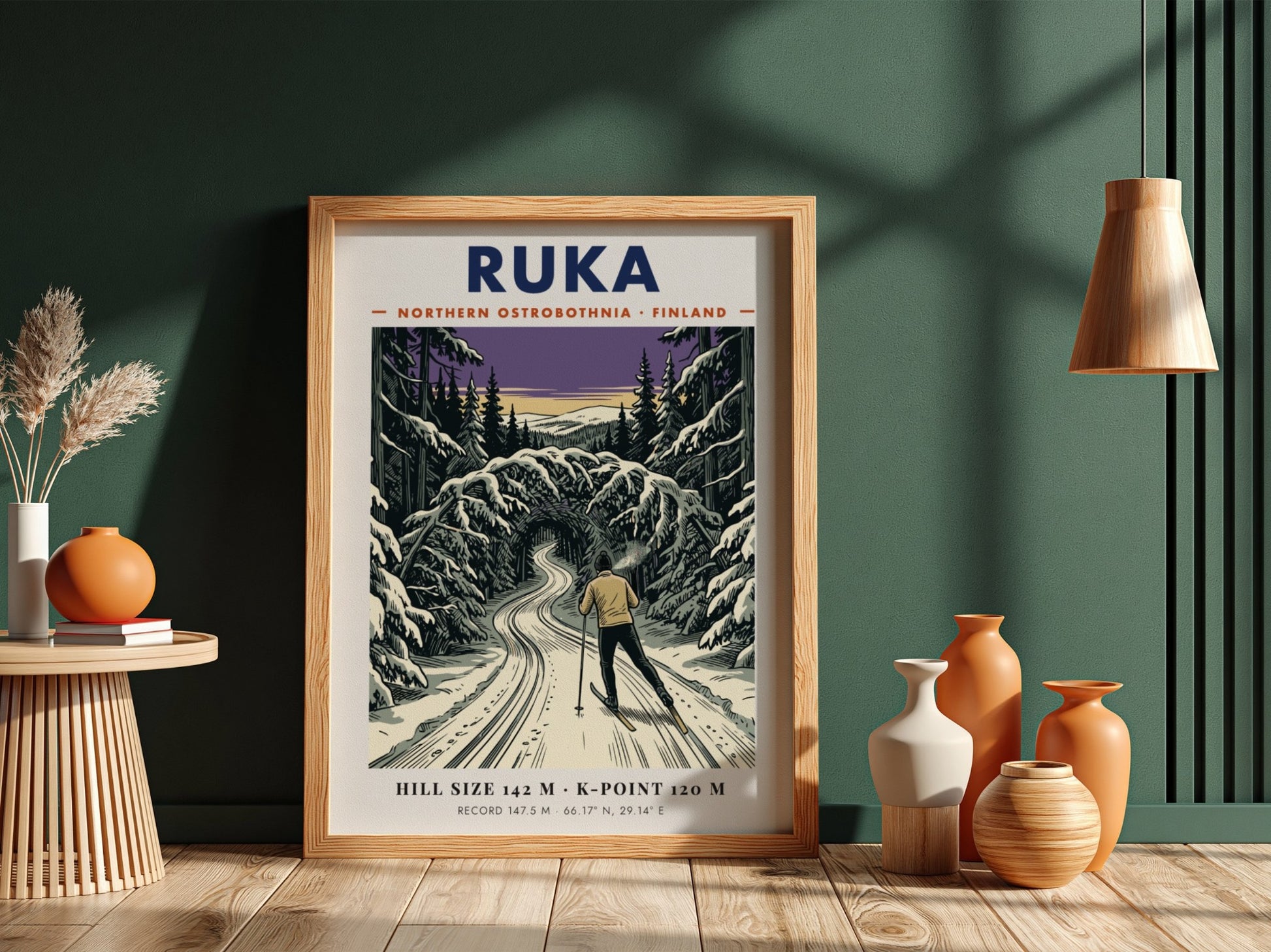 Poster of a cross-country skier in a purple and white snowy Ruka forest