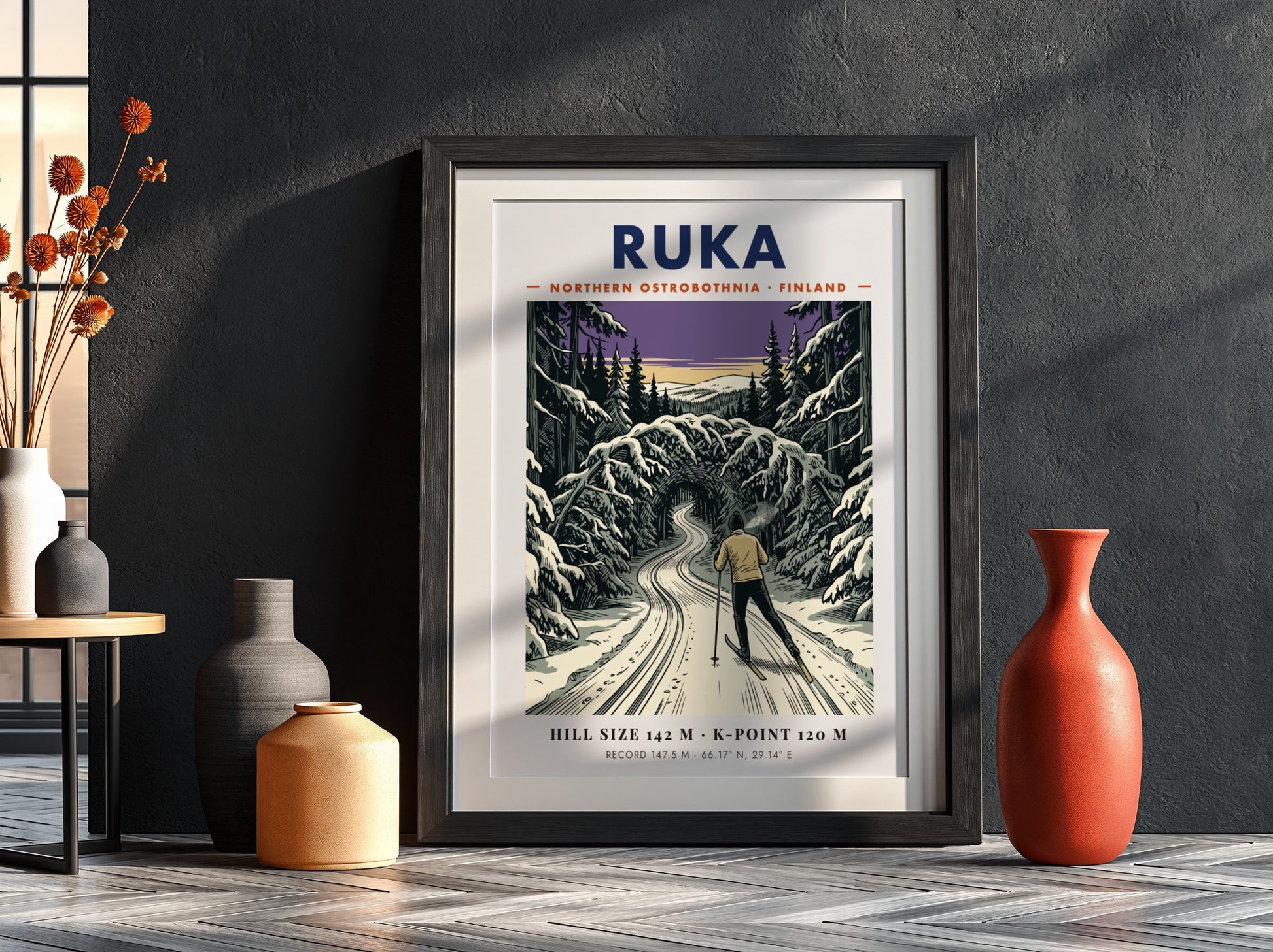 Poster of a cross-country skier in a purple and white snowy Ruka forest