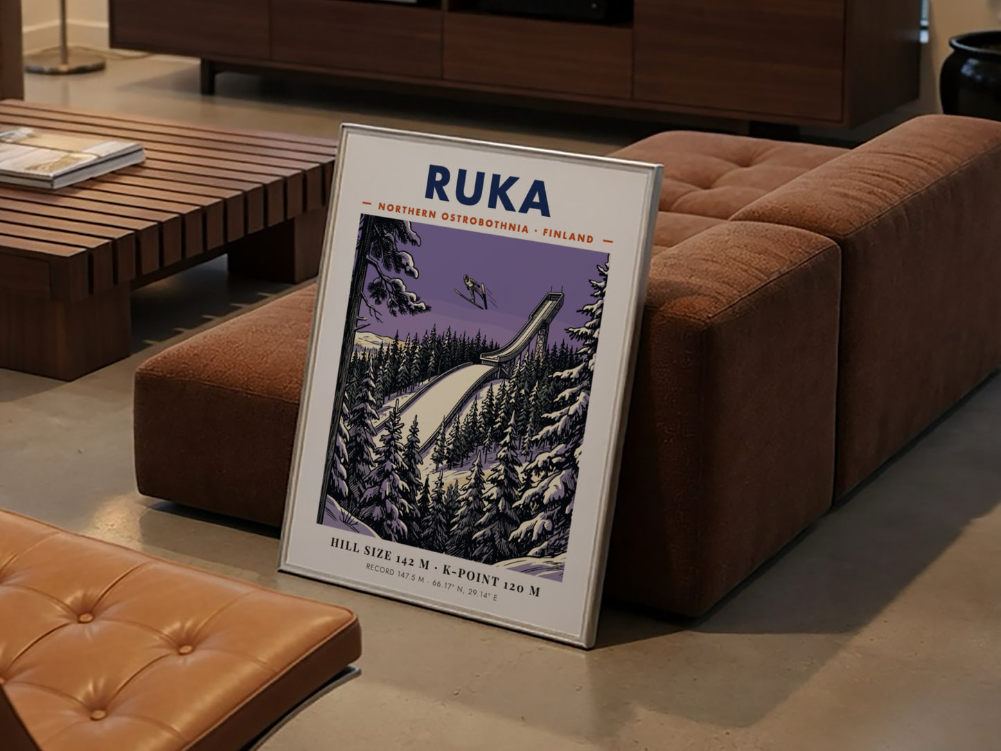 Poster featuring a ski jumper above a Ruka Finland ramp in purple hues.