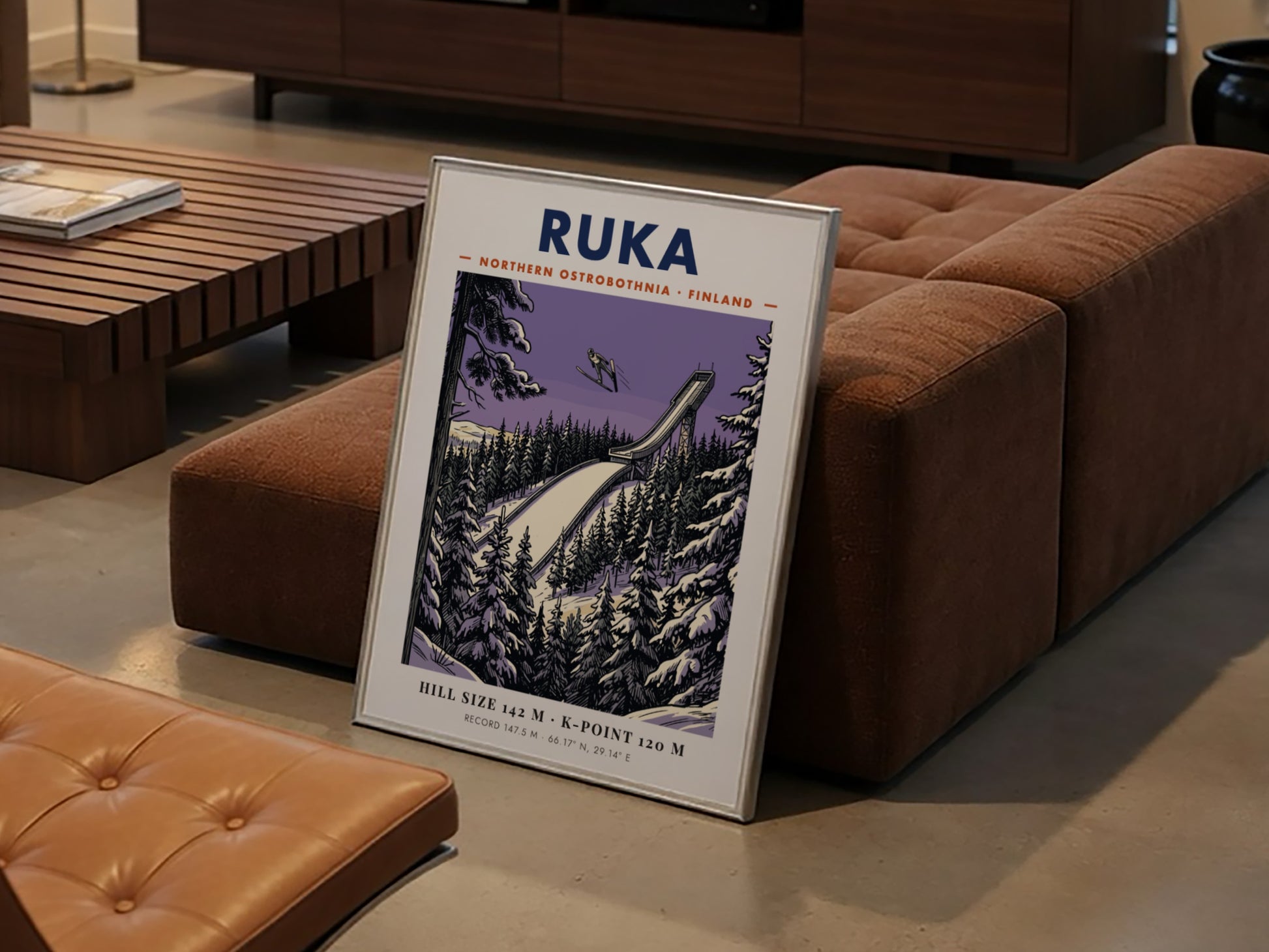 Poster featuring a ski jumper above a Ruka Finland ramp in purple hues.