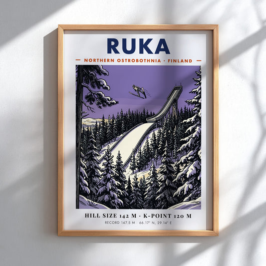 Poster featuring a ski jumper above a Ruka Finland ramp in purple hues.