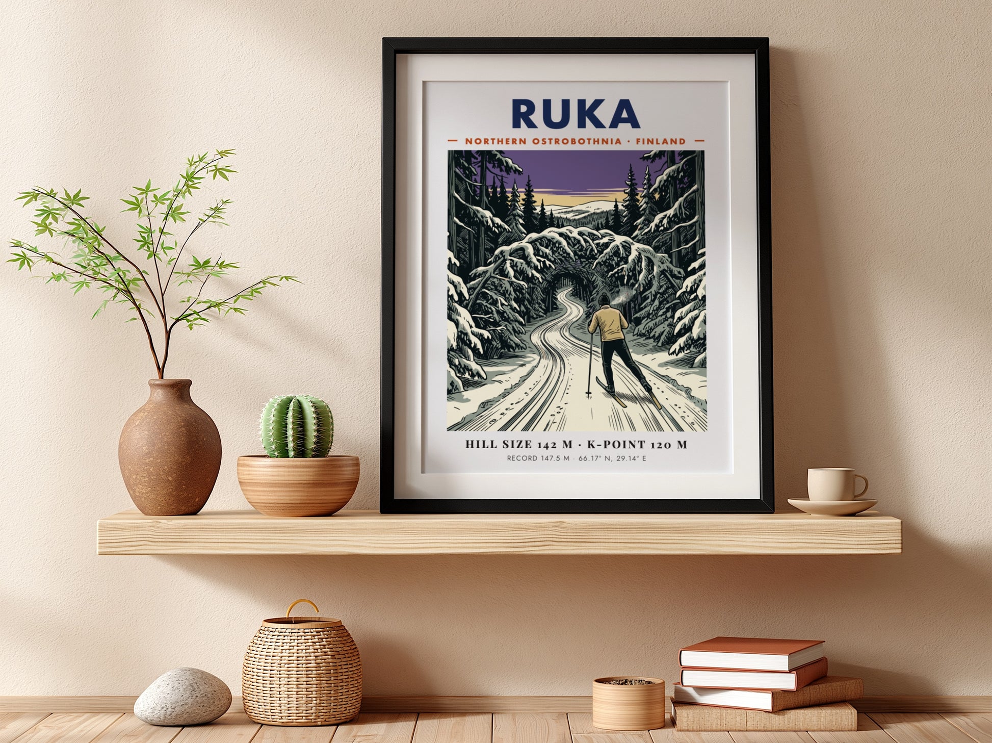Poster of a cross-country skier in a purple and white snowy Ruka forest