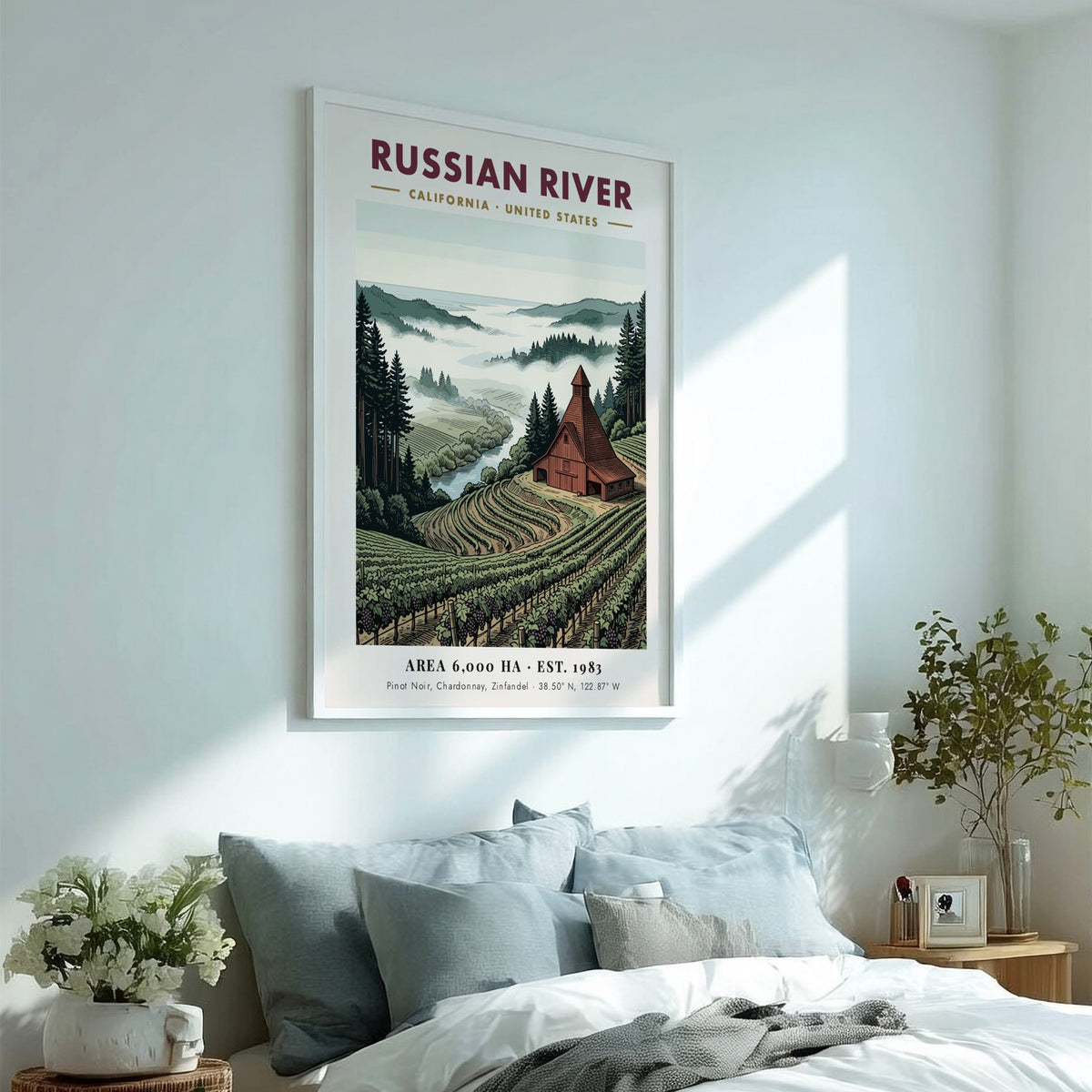 Poster of Russian River California with vineyards, a rustic barn, and misty mountains.