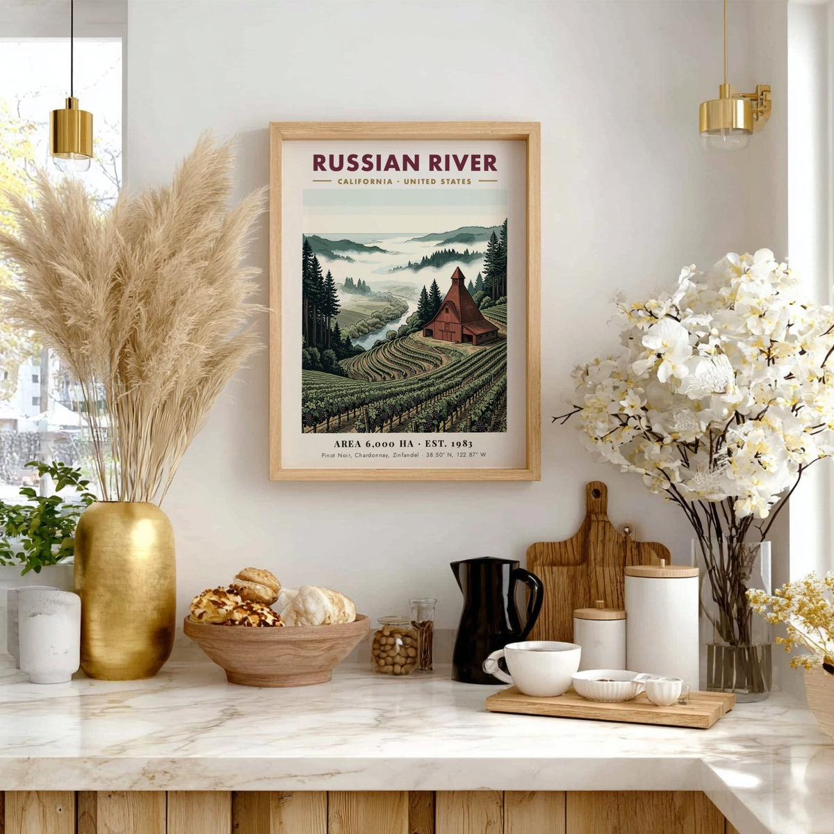 Poster of Russian River California with vineyards, a rustic barn, and misty mountains.