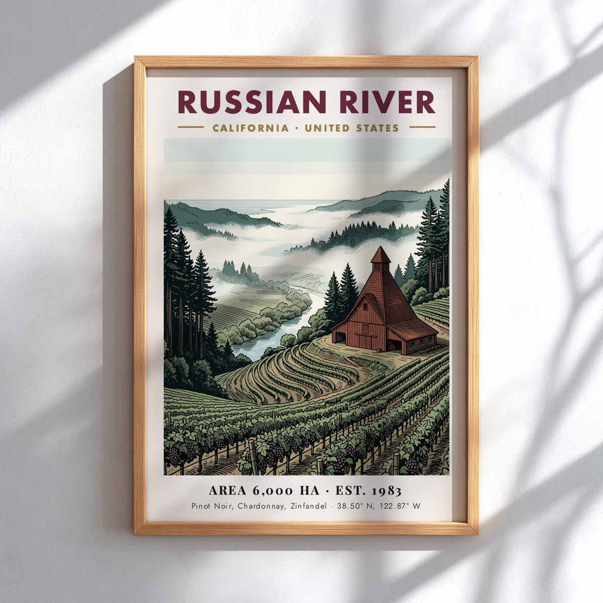Poster of Russian River California with vineyards, a rustic barn, and misty mountains.