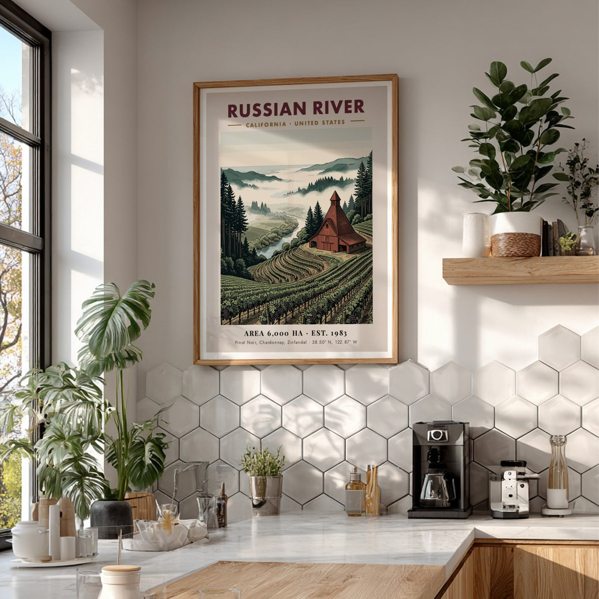 Poster of Russian River California with vineyards, a rustic barn, and misty mountains.