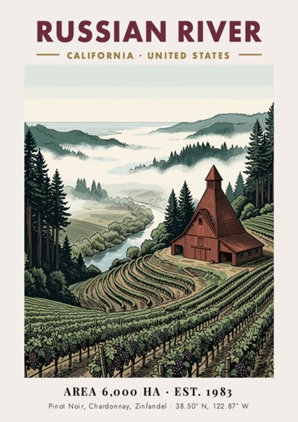Poster of Russian River California with vineyards, a rustic barn, and misty mountains.