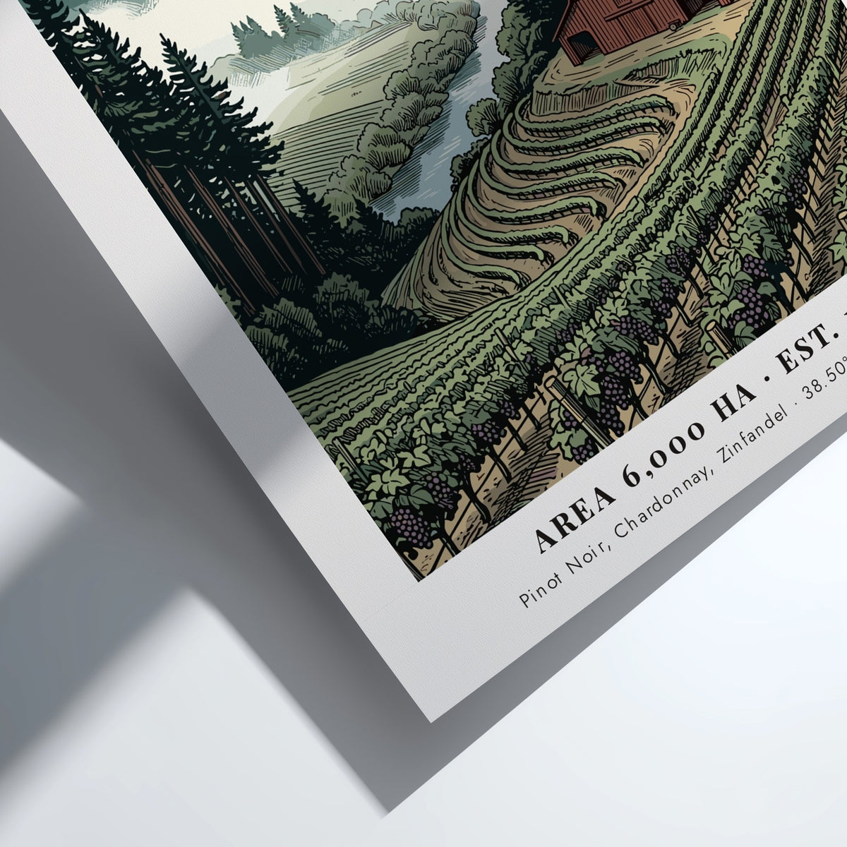 Poster of Russian River California with vineyards, a rustic barn, and misty mountains.