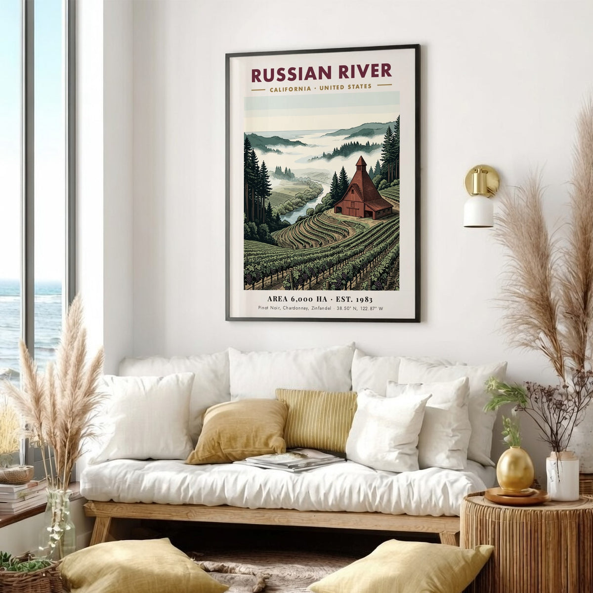 Poster of Russian River California with vineyards, a rustic barn, and misty mountains.