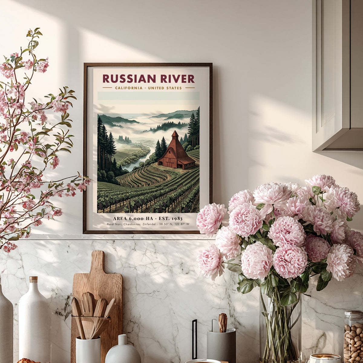 Poster of Russian River California with vineyards, a rustic barn, and misty mountains.