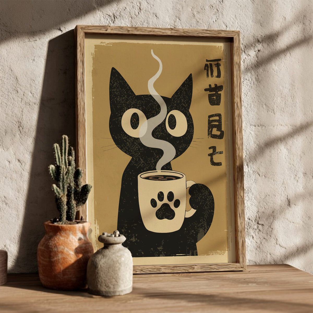 A retro-style illustrated poster featuring a black cat holding a cream-colored coffee mug with a paw print, set against a warm beige background with Japanese characters on the right.