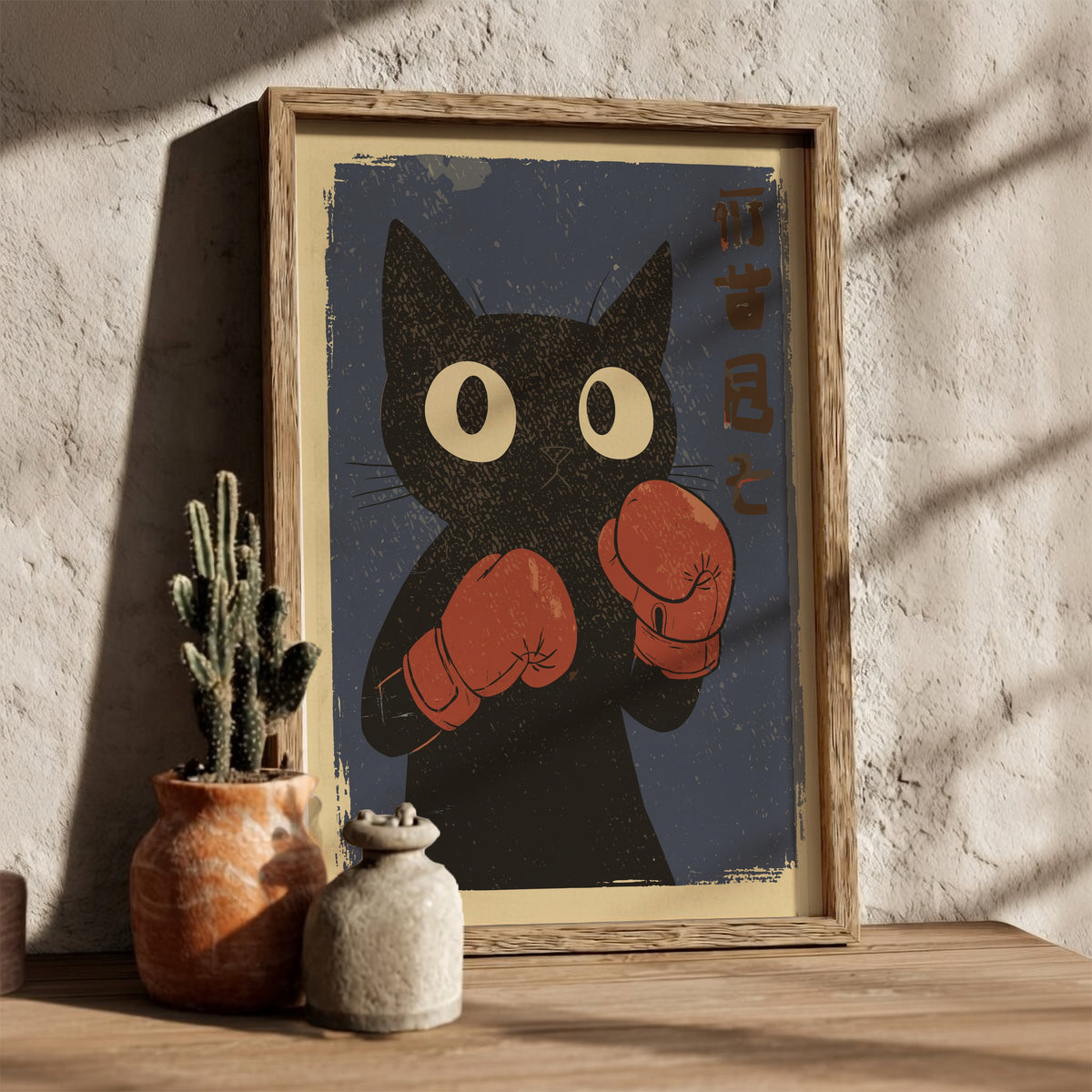 Black Cat Boxing Gloves Poster – Funny Retro Japanese Gym Art Print