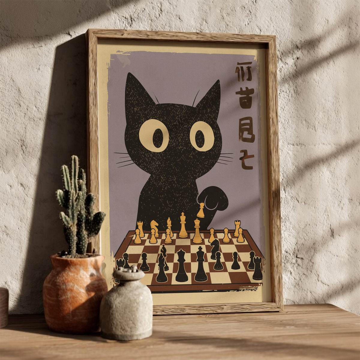 Black Cat Playing Chess Poster – Retro Japanese Games Room Art Print