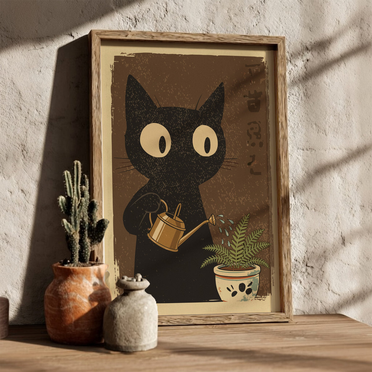 Black Cat Watering Plant Poster – Retro Japanese Gardener Art Print