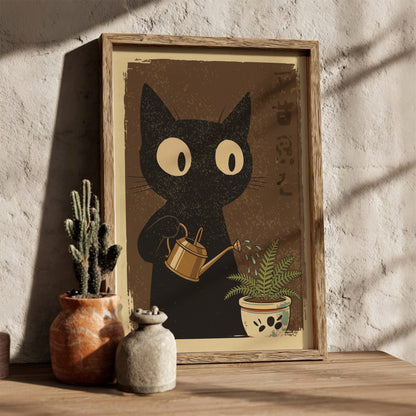 Black Cat Watering Plant Poster – Retro Japanese Gardener Art Print