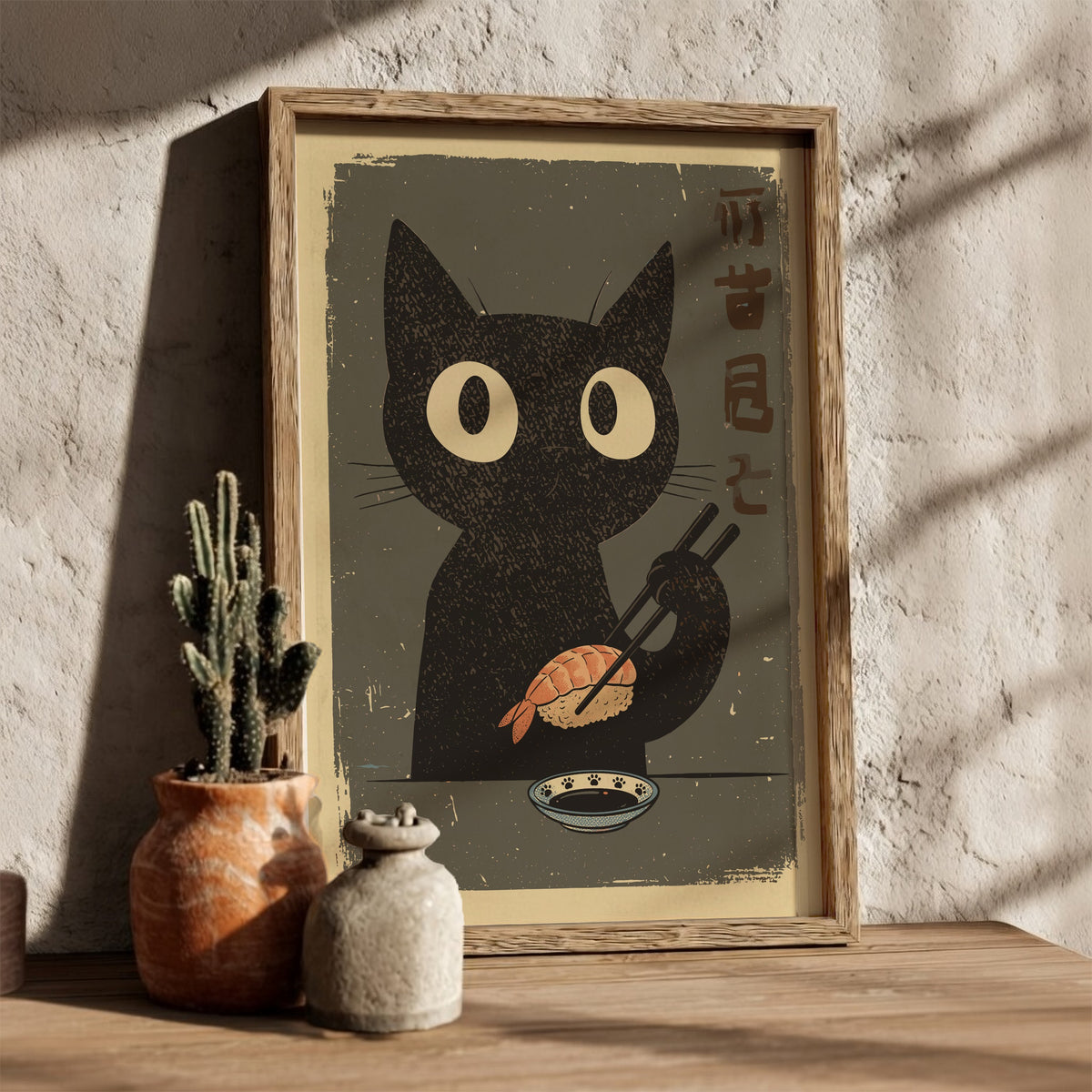 Black Cat Eating Sushi Poster – Retro Japanese Food Kitchen Art Print