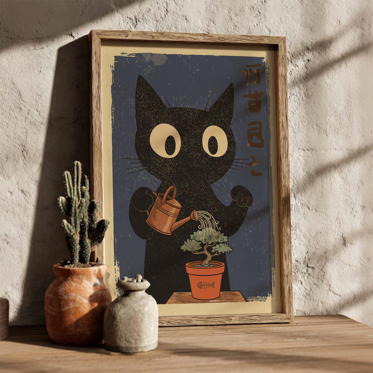 Black Cat Watering Bonsai Poster – Retro Japanese Zen Plant Art Print