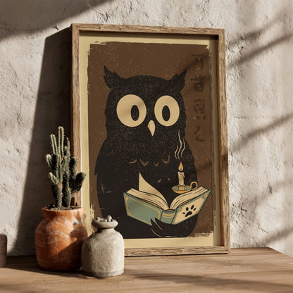 Owl Reading Poster – Cute Retro Japanese Book Lover Art Print