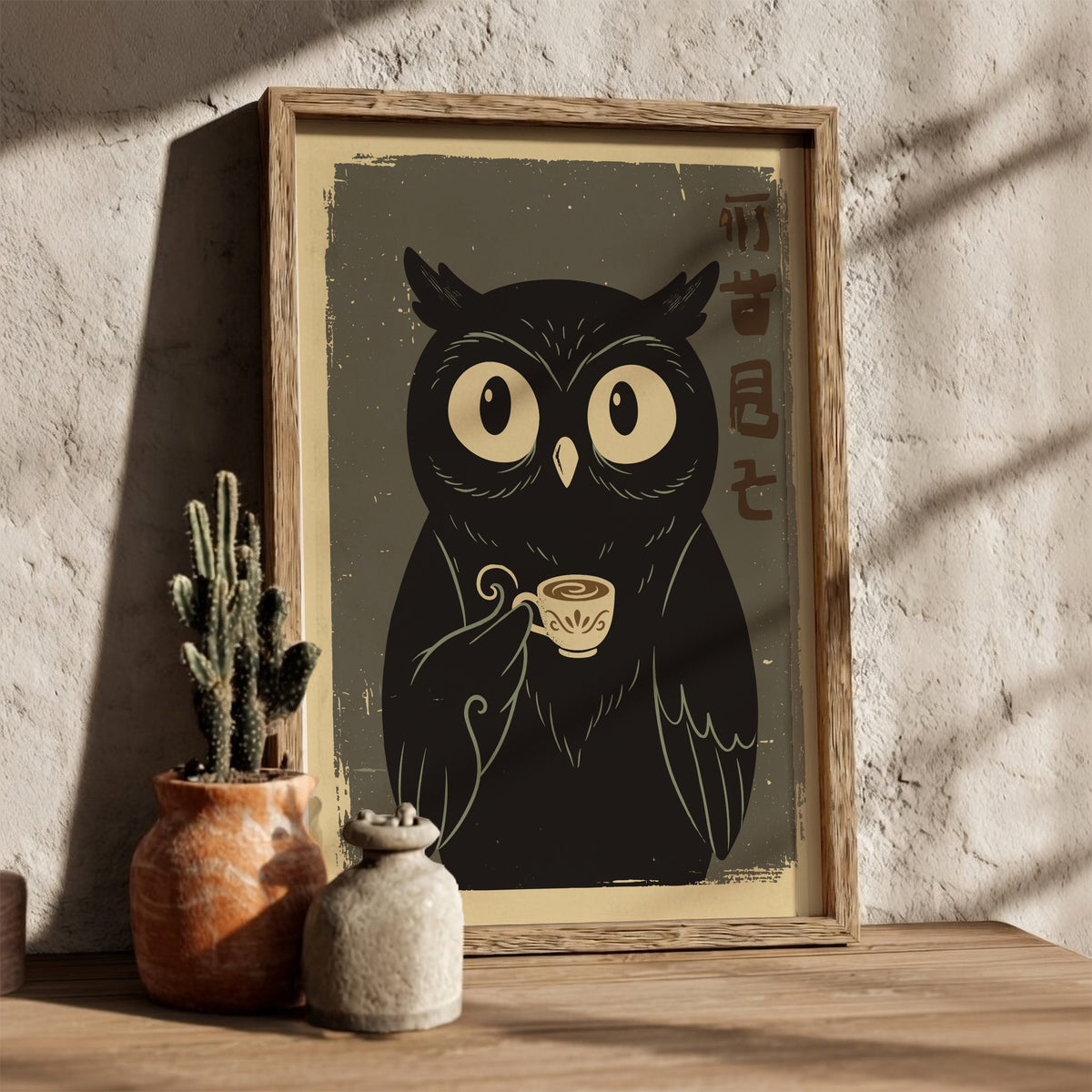 Black Owl Drinking Tea Poster – Cute Retro Japanese Kitchen Art Print