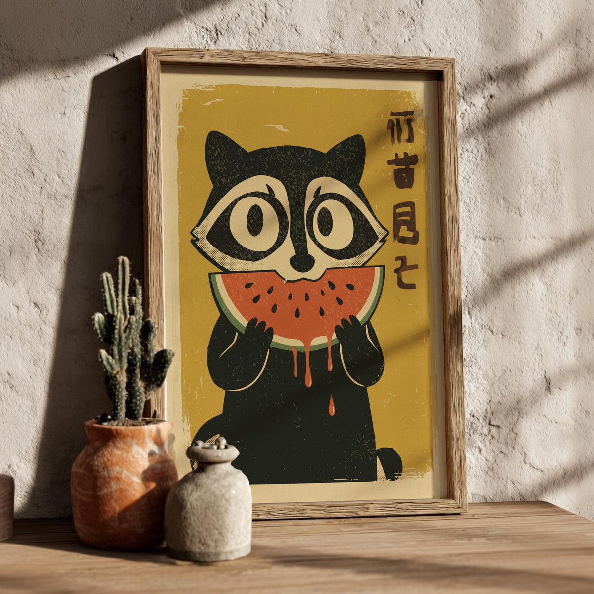 Raccoon Eating Watermelon Poster – Funny Retro Summer Fruit Art Print