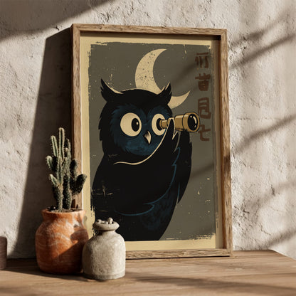 Black Owl Stargazing Poster – Dreamy Retro Japanese Bedroom Art Print