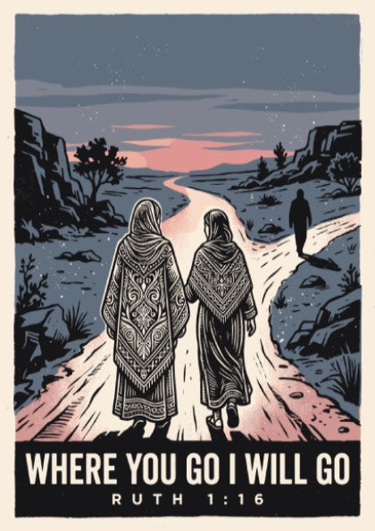 Poster featuring two figures walking together with the text Where You Go I Will Go.