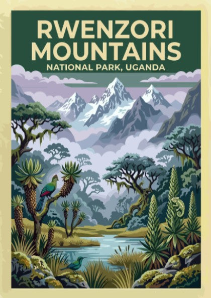 Rwenzori Mountains poster with snow-capped peaks and lush greenery, showcasing nature landscape art.