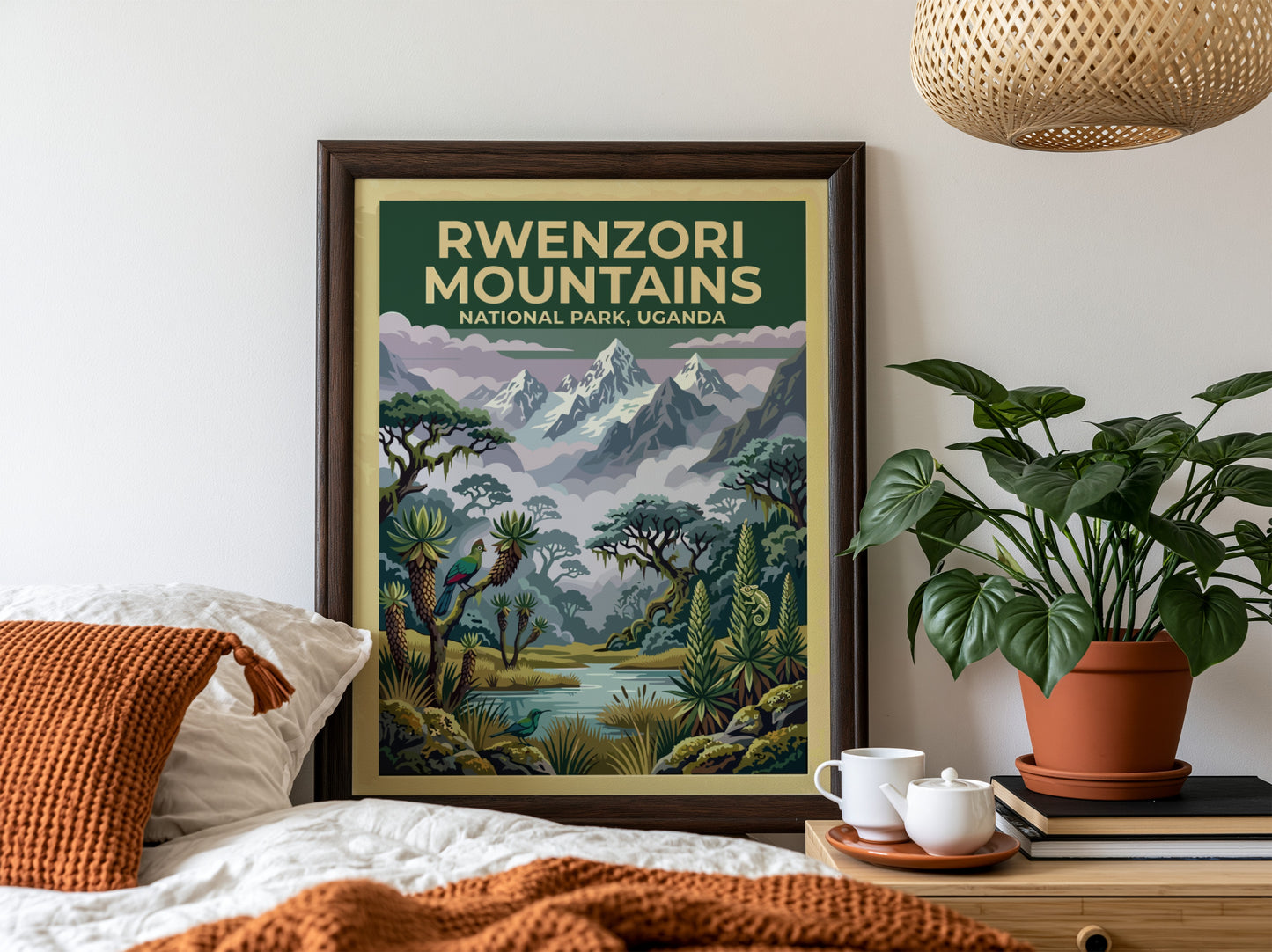 Rwenzori Mountains poster with snow-capped peaks and lush greenery, showcasing nature landscape art.