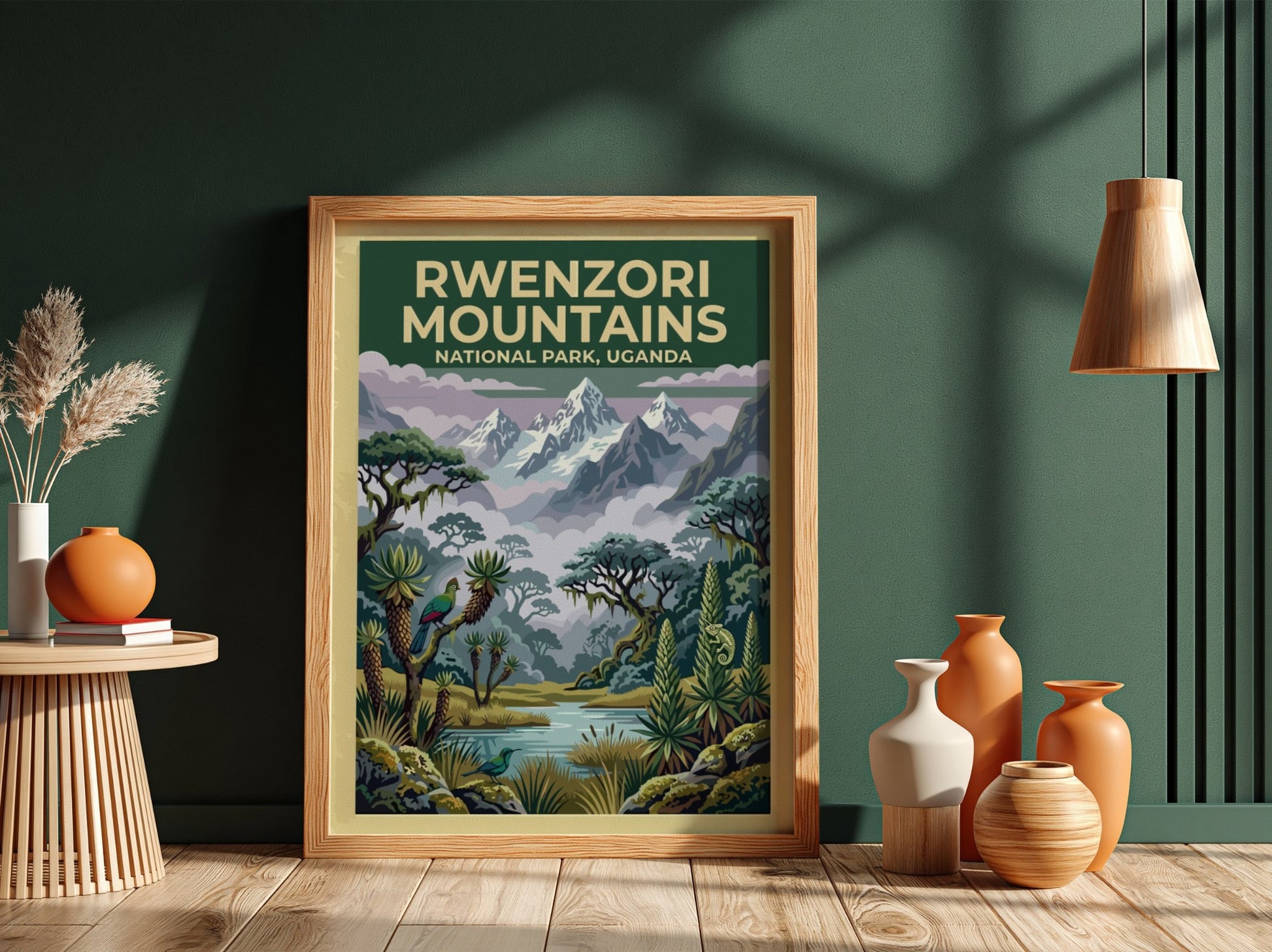 Rwenzori Mountains poster with snow-capped peaks and lush greenery, showcasing nature landscape art.