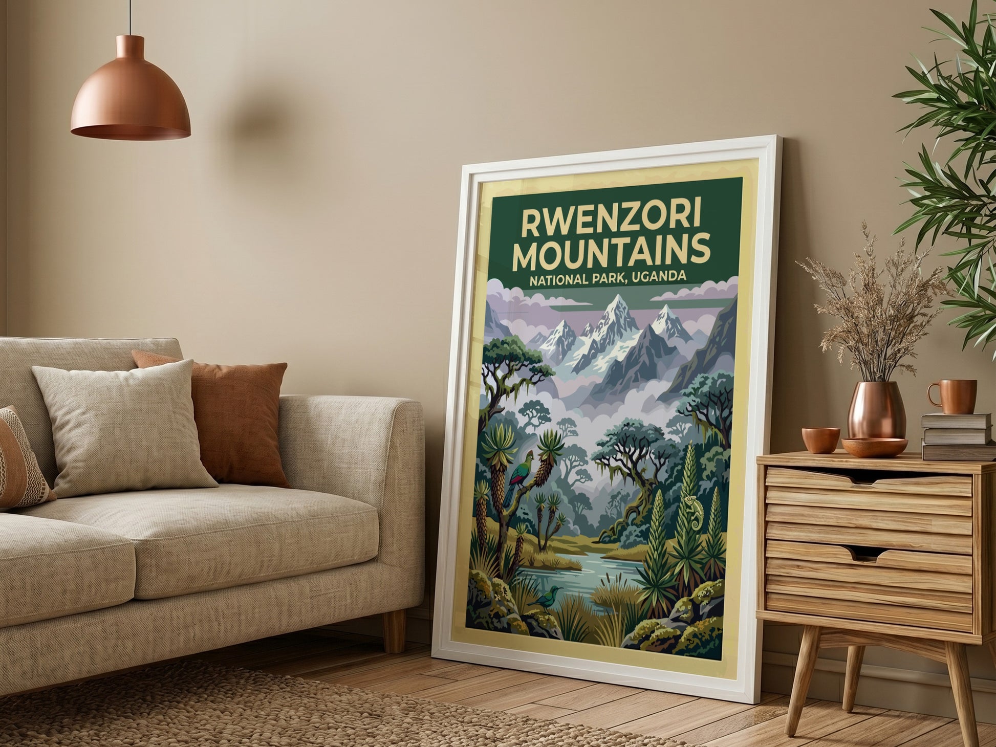 Rwenzori Mountains poster with snow-capped peaks and lush greenery, showcasing nature landscape art.