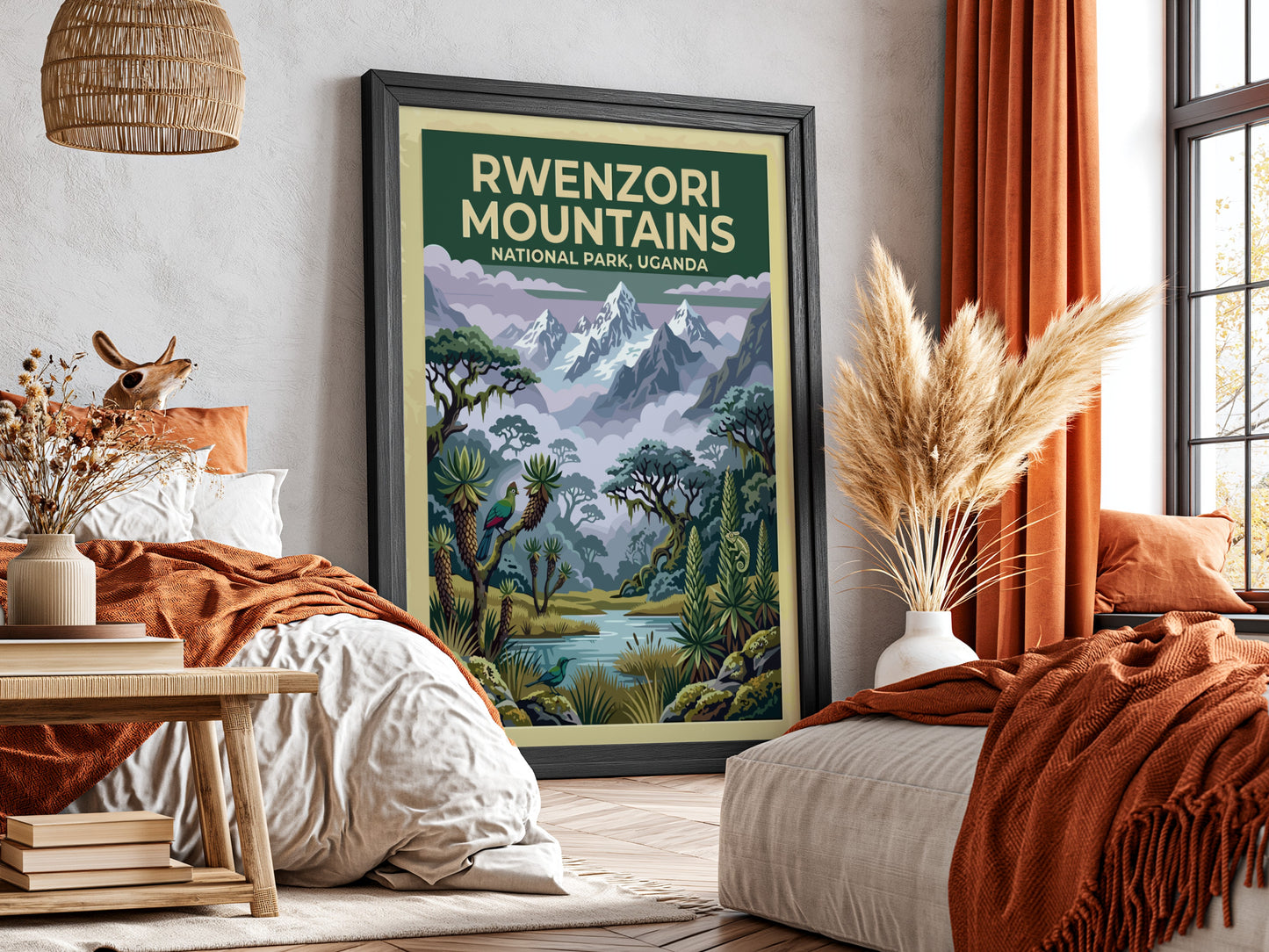 Rwenzori Mountains poster with snow-capped peaks and lush greenery, showcasing nature landscape art.