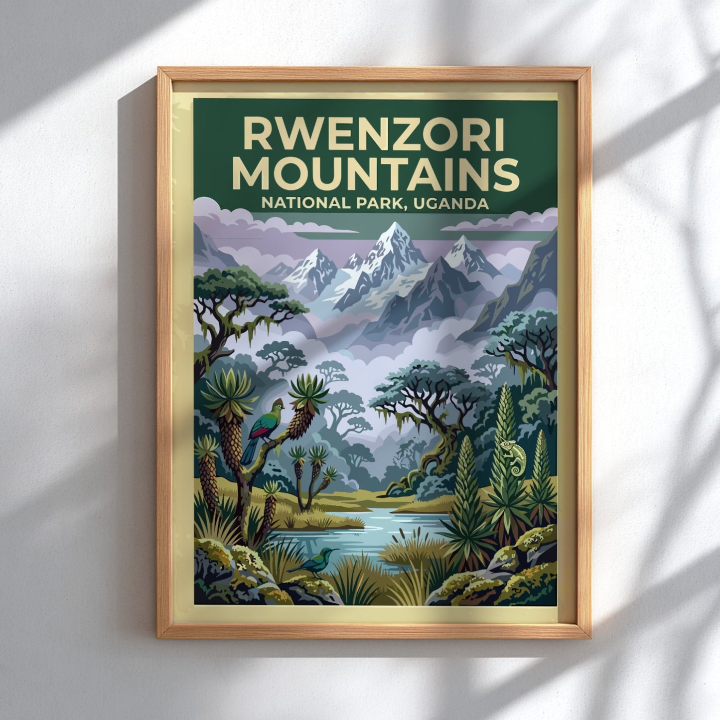 Rwenzori Mountains poster with snow-capped peaks and lush greenery, showcasing nature landscape art.