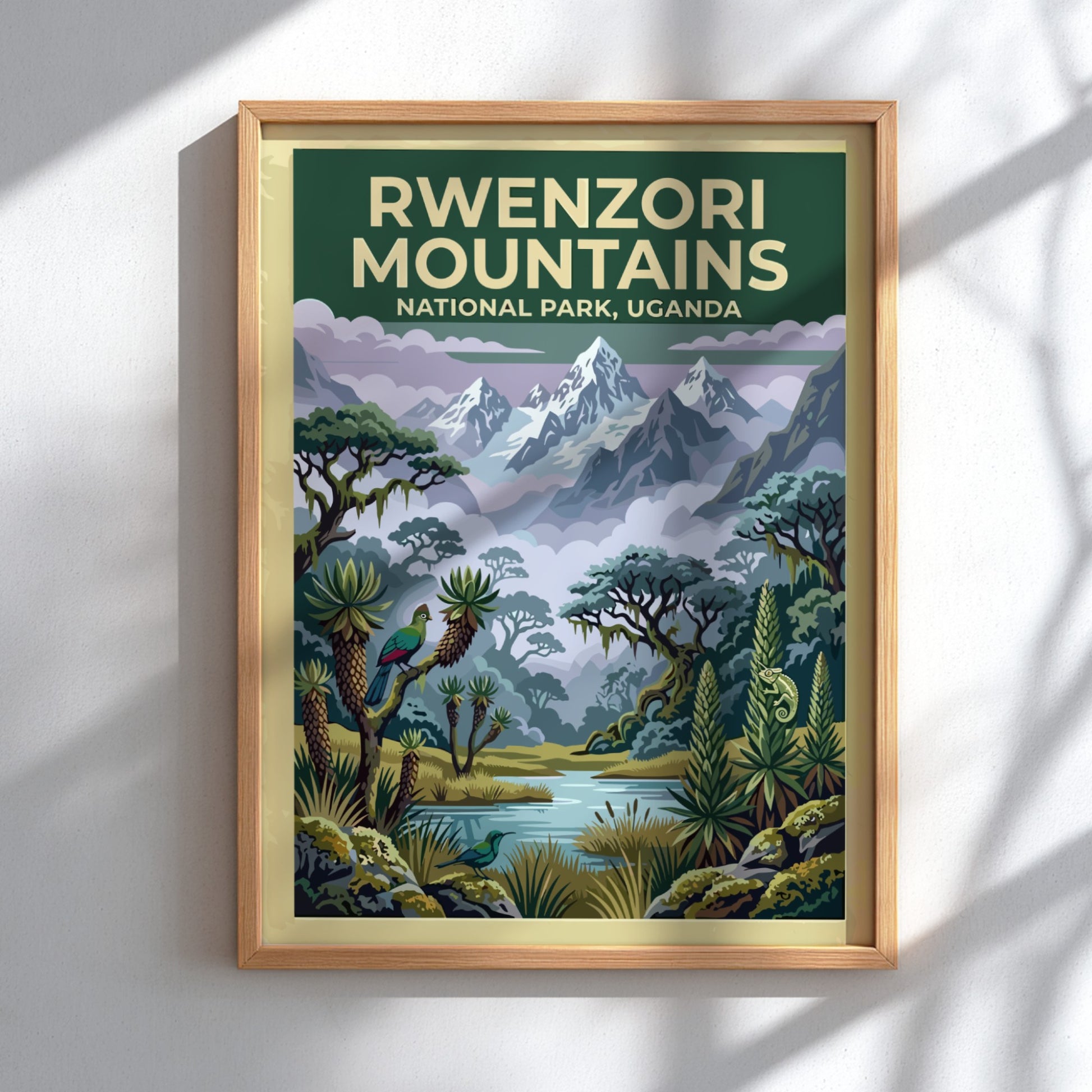 Rwenzori Mountains poster with snow-capped peaks and lush greenery, showcasing nature landscape art.