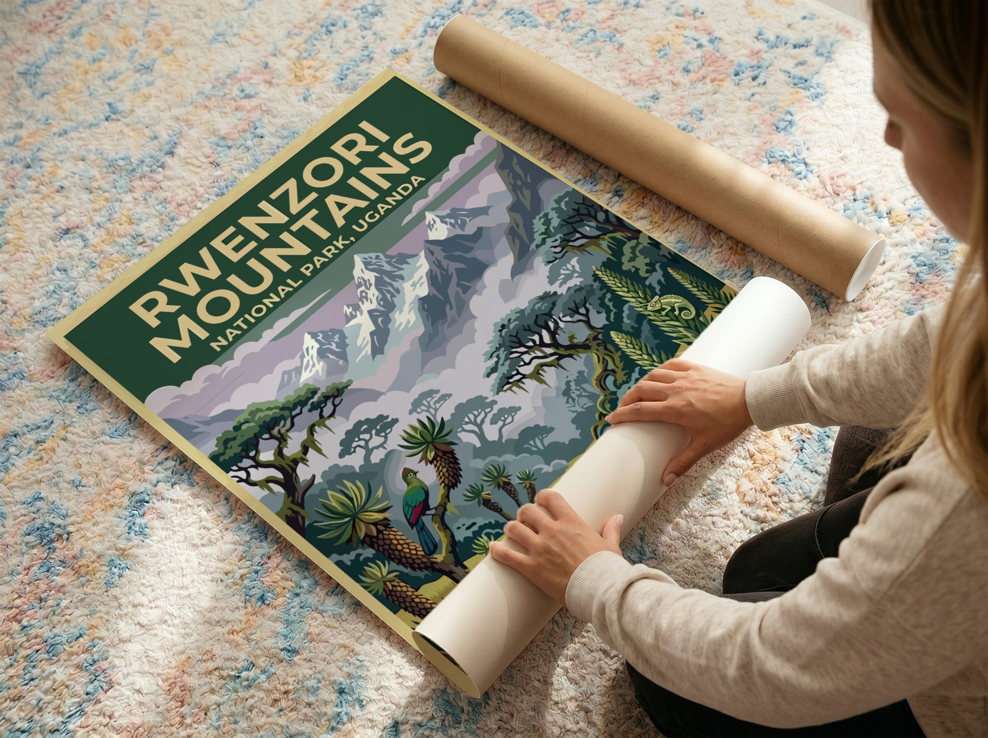 Rwenzori Mountains poster with snow-capped peaks and lush greenery, showcasing nature landscape art.