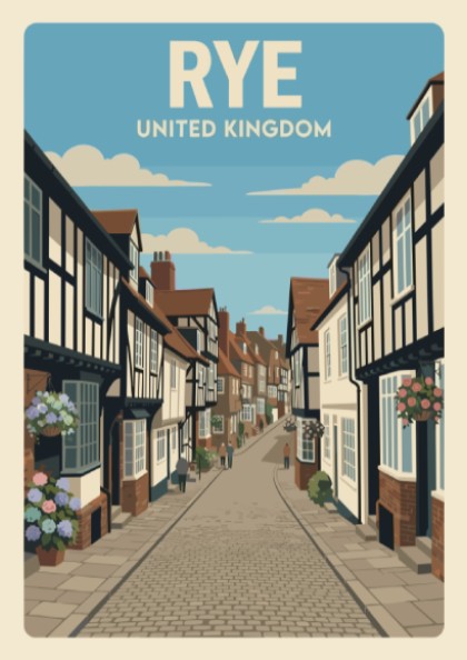 Poster of Rye United Kingdom featuring historic timber-framed buildings and cobblestone street view