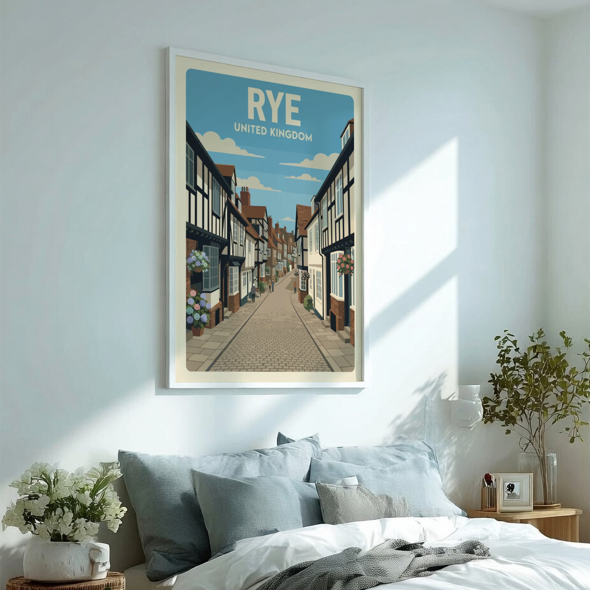 Poster of Rye United Kingdom featuring historic timber-framed buildings and cobblestone street view