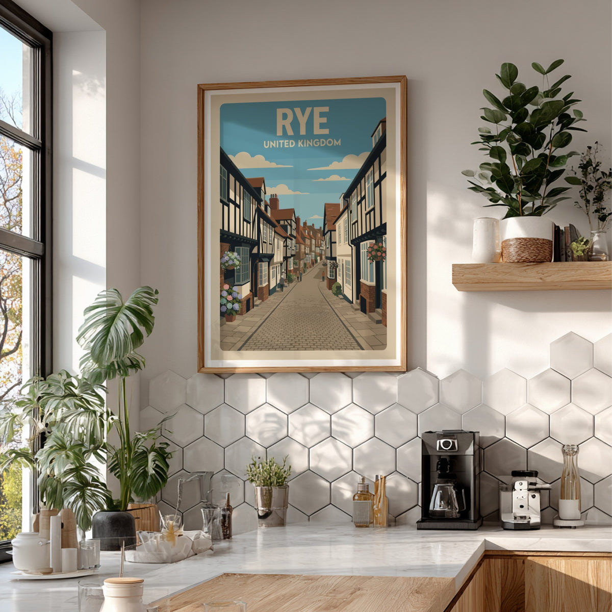 Poster of Rye United Kingdom featuring historic timber-framed buildings and cobblestone street view